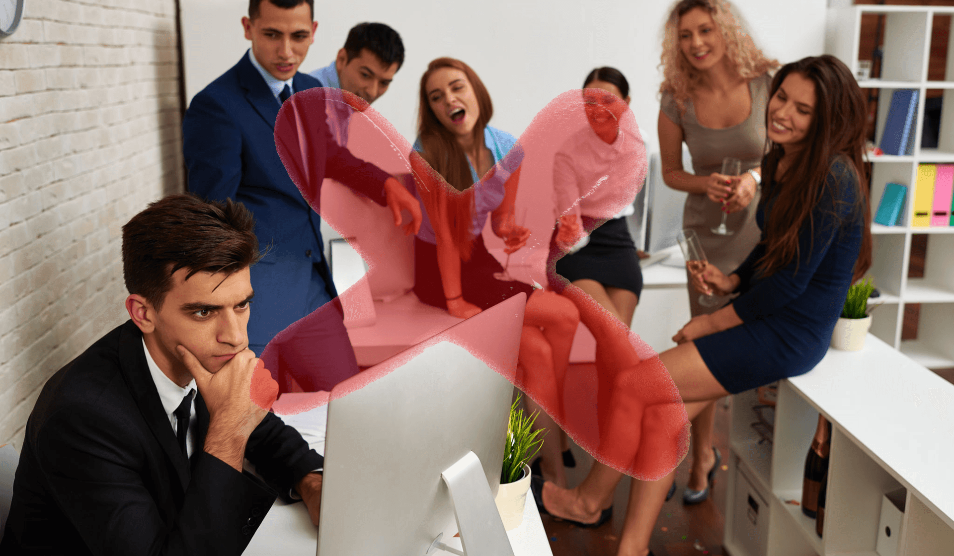 Man in suit looking at a computer, surrounded by people with a large red X overlay.