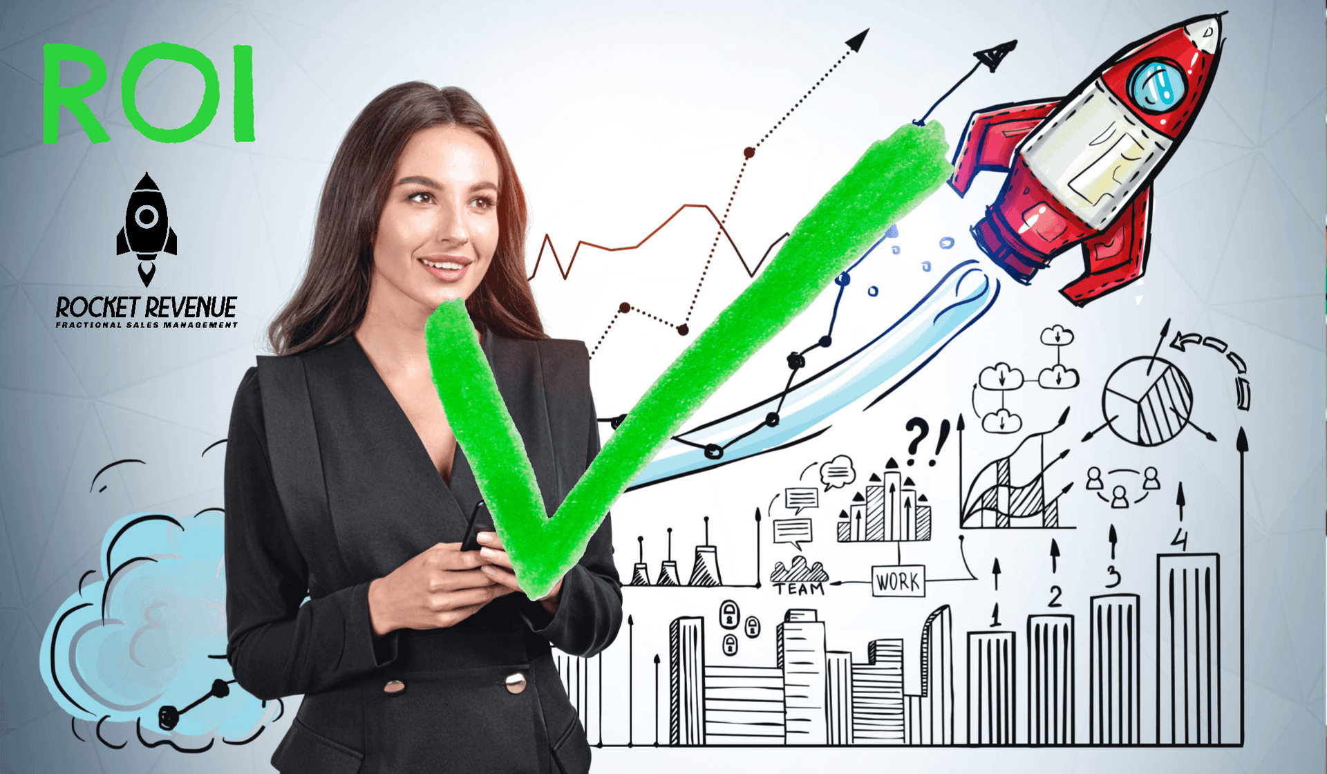 Woman smiling with digital business graphics and a rocket illustration, depicting ROI growth and success.