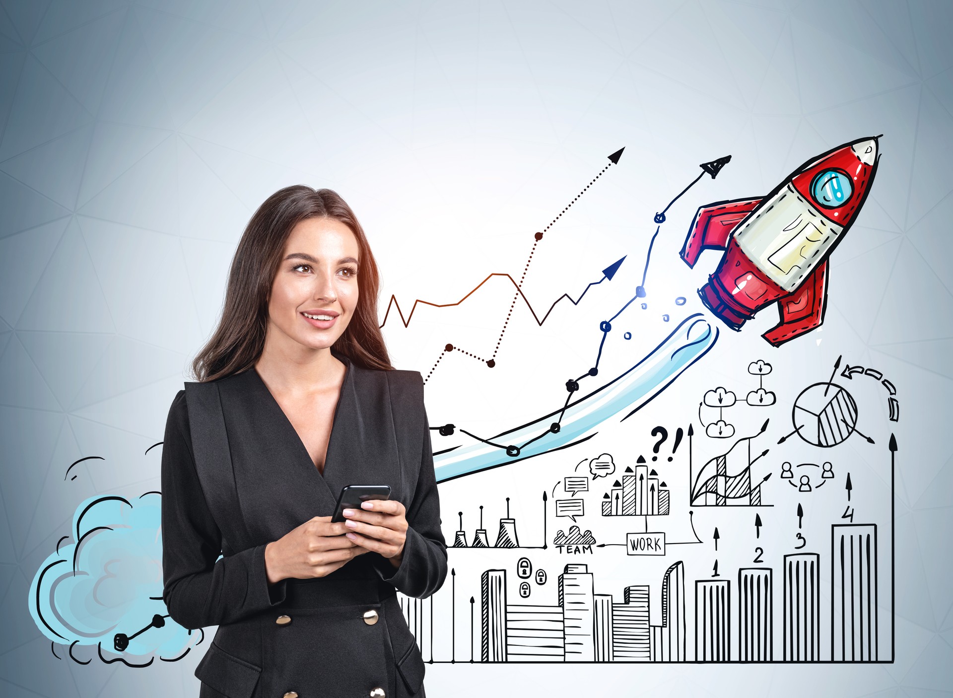 Businesswoman with smartphone, start up sketch with rocket on blue wall